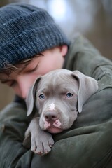 A young single man hugs his pitbull puppy