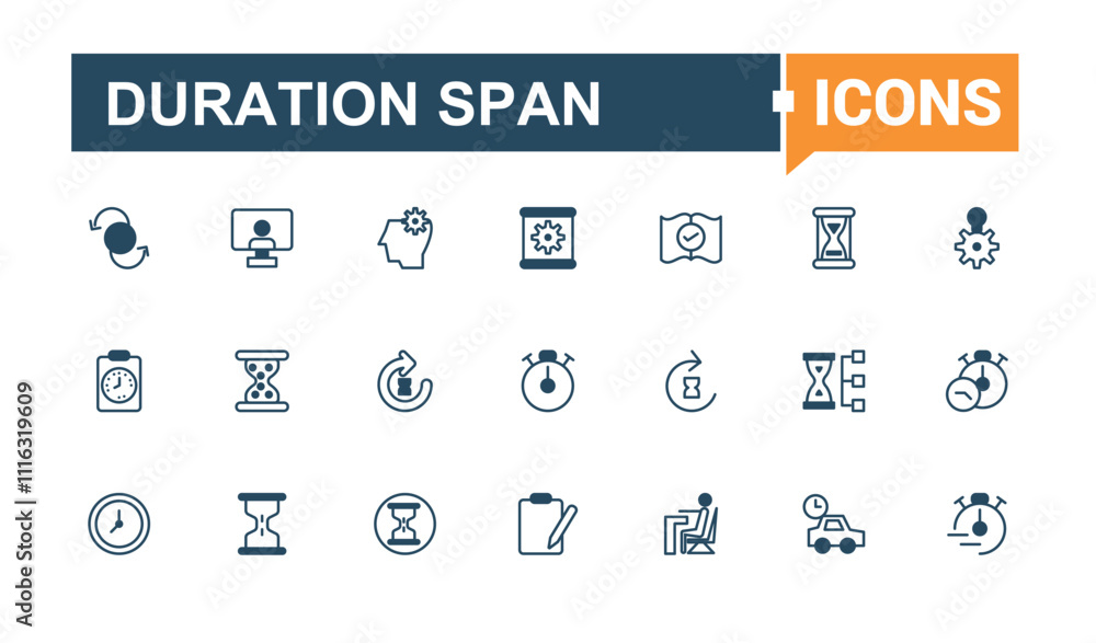 Poster duration span vector line icon set. related to duration and time and more. isolated icons design. ed