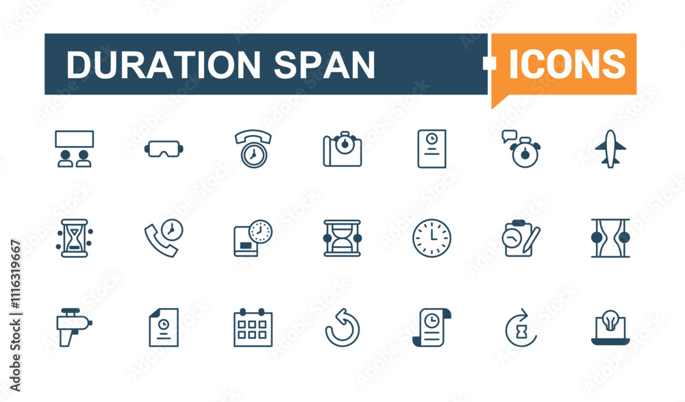Poster duration span vector line icon set. related to duration and time and more. isolated icons design. ed