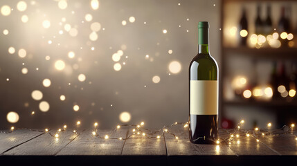 Wine bottle on dark table with twinkling lights