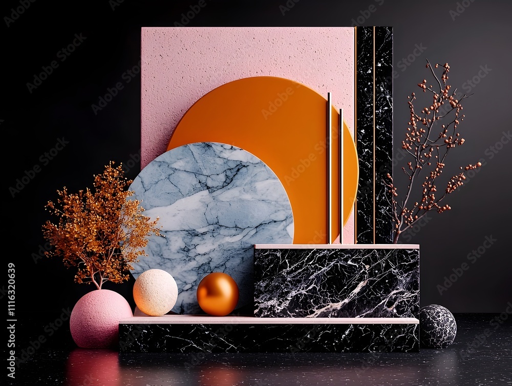 Poster sleek and modern roll up display with abstract geometric shapes and patterns dramatically lit in a c