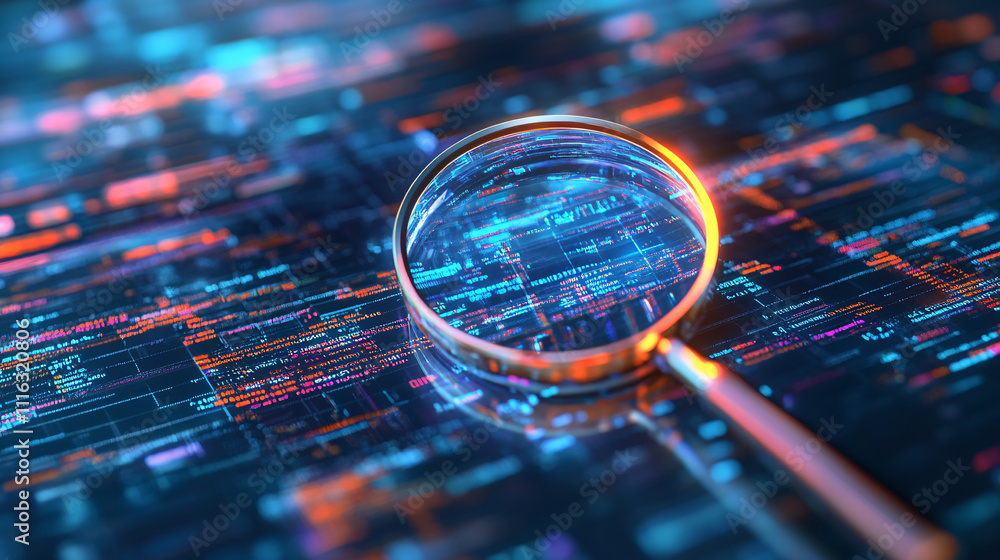 Poster a magnifying glass icon made from holographic light, scanning over a digital search engine interface