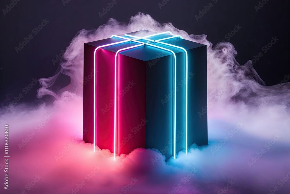 Poster 3d neon glimmering structure in raspberry and cyan colors through misty fog