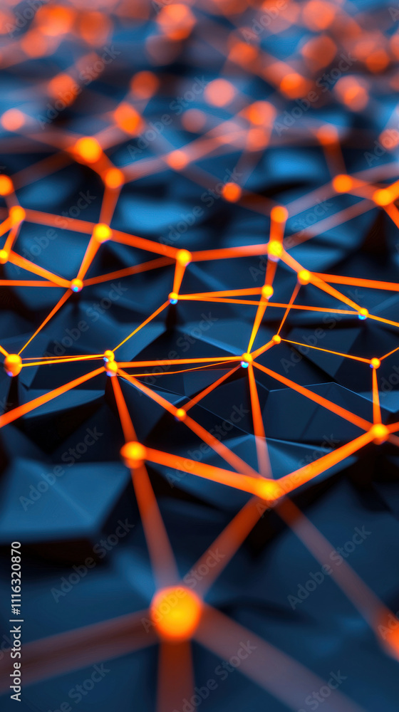 Poster a close-up view of a network structure with glowing orange lines against a dark background, represen