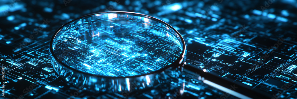 Poster a magnifying glass icon made from holographic light, scanning over a digital search engine interface