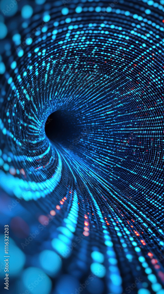 Poster a stunning visual of a swirling tunnel of blue and glowing dots, creating a sense of depth and movem