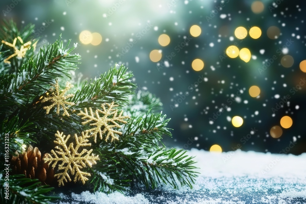 Poster sparkling christmas scene with snowflakes on evergreen branches and soft bokeh background creating a