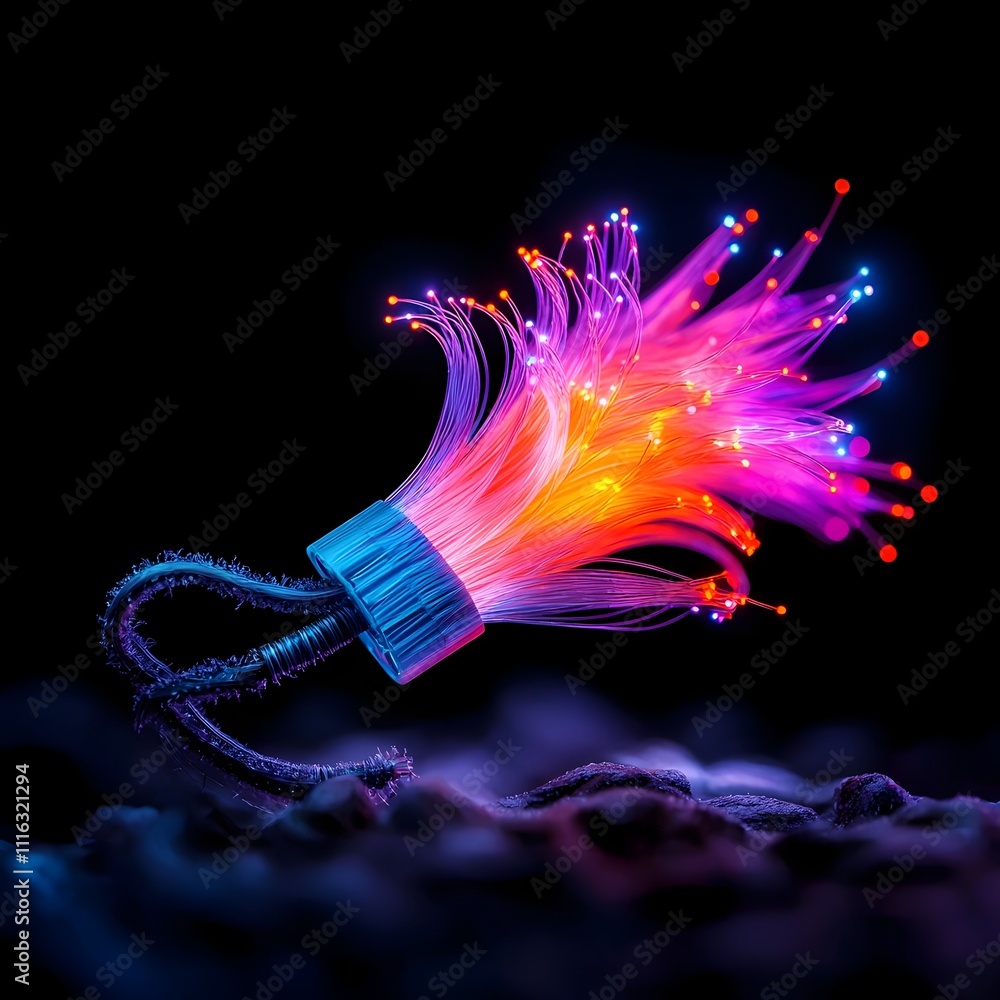 Poster ethereal luminous fiber optic strands in a mesmerizing array of hues against a pitch black backdrop 