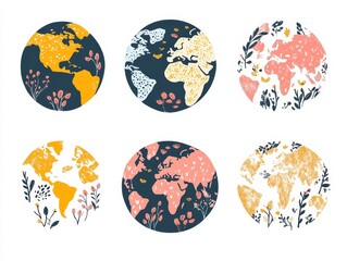 World Map Art Print  Floral Earth Globe  Abstract Planet Designs
