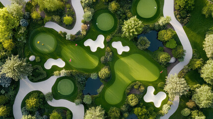 Aerial view of whimsical tiny golf course with vibrant greens and colorful flags