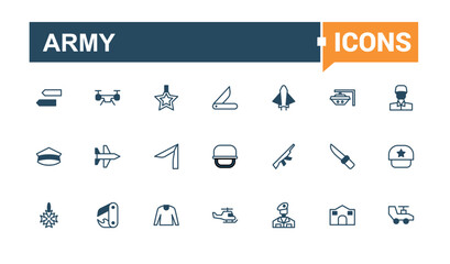 Army icon set. Includes icons for rifle, military, sniper, armor, artillery, warfare and more. Pixel perfect. Vector icons editable stroke.