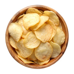 potato chips in wooden bowl top view isolated on transparent background