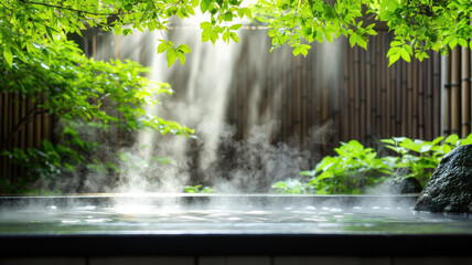 Serene Japanese onsen with bamboo fencing and lush greenery