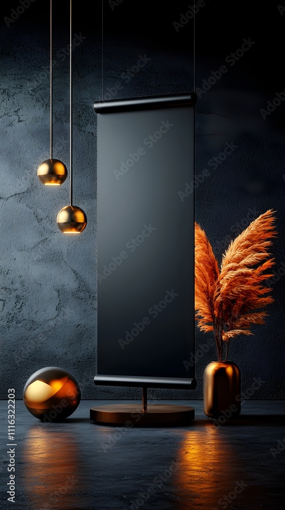 Poster dramatic roll up advertisement display in a modern industrial style studio setting with dynamic angl