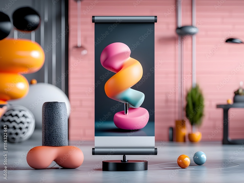 Poster blank geometric roll up advertisement displayed in a bright and airy studio setting featuring sleek 