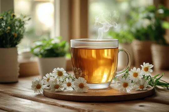 rustic wooden table adorned with a steaming cup of chamomile tea, evoking a sense of warmth and comfort in a cozy setting, surrounded by earthy tones and natural elements