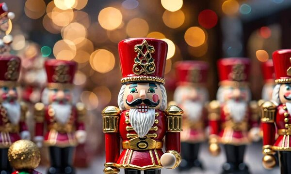 Colorful nutcracker figures bring festive cheer in a lively holiday market setting