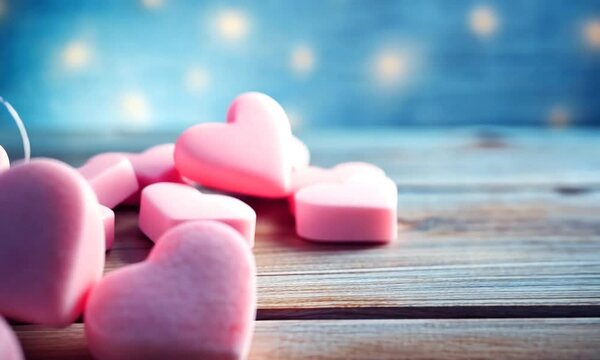Sweet pastel hearts scattered on rustic wood create a charming romantic ambiance for celebrations and special occasions