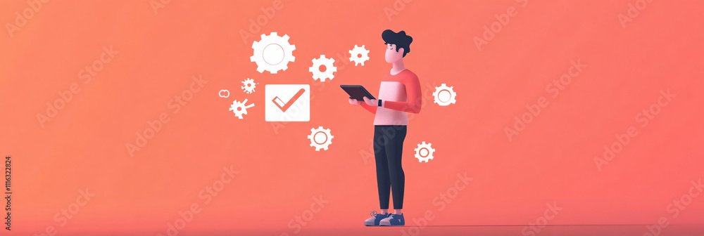 Poster a minimal character in a standing position with a tablet, surrounded by gear and settings icons repr