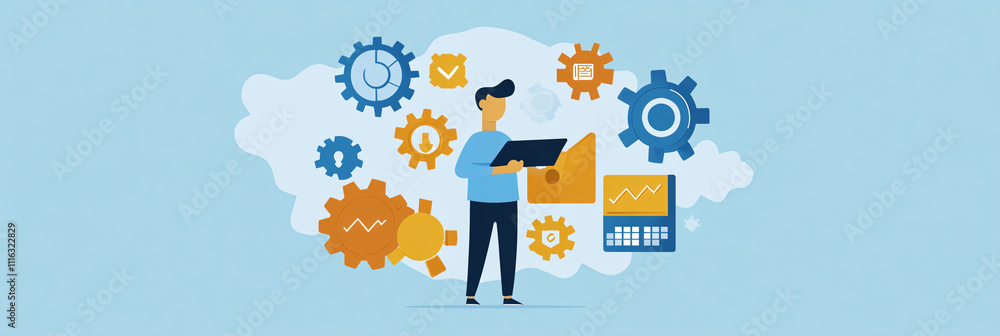 Poster a minimal character in a standing position with a tablet, surrounded by gear and settings icons repr