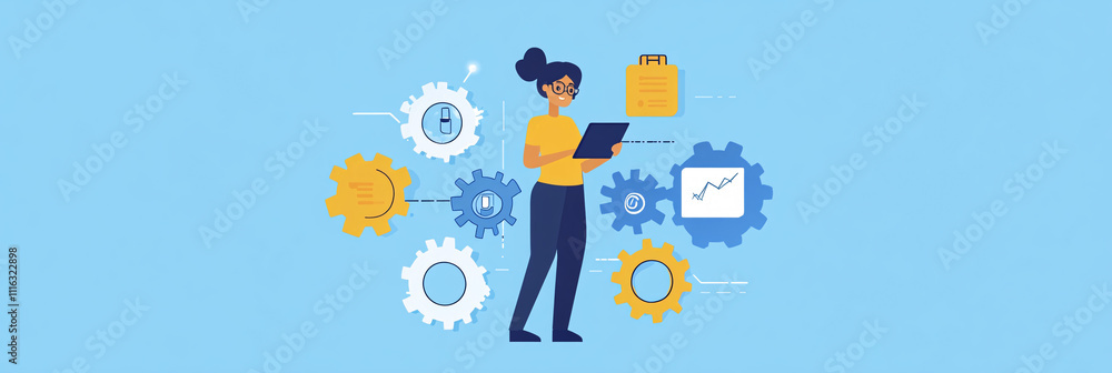 Poster a minimal character in a standing position with a tablet, surrounded by gear and settings icons repr