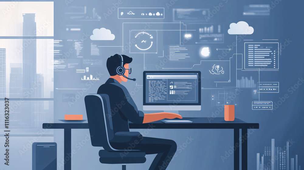 Poster a minimal illustration of an it support agent working remotely, surrounded by floating cloud icons a