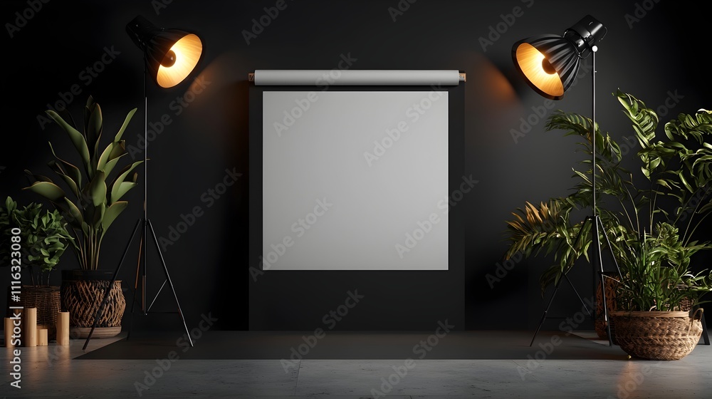 Poster Dramatic 3D minimalist photography backdrop with blank roll up display and directional spotlights casting dramatic shadows creating a sleek and abstract studio setup