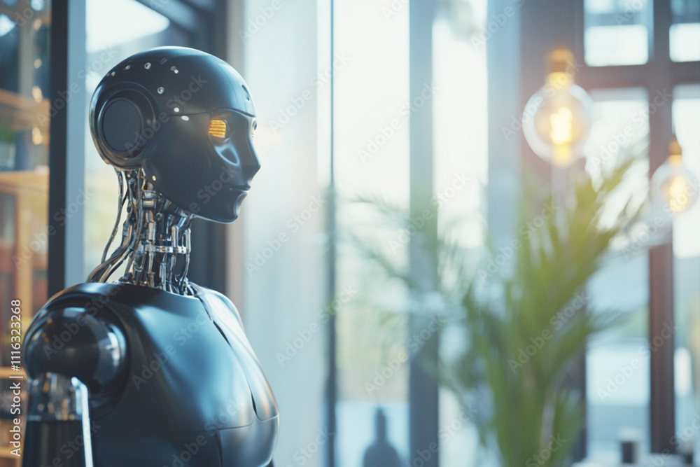 Poster futuristic humanoid robot with glowing eyes standing in a modern environment, symbolizing advanced a