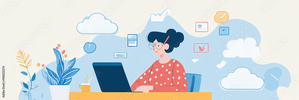 Poster a minimal illustration of an it support agent working remotely, surrounded by floating cloud icons a