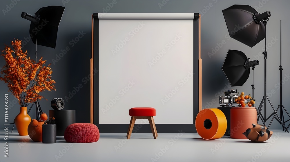 Poster blank roll up display in a simple well lit photography studio setup featuring a sleek and modern ind