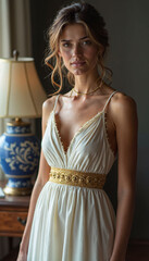 A close-up portrait of a young woman in dress at home. Cozy.