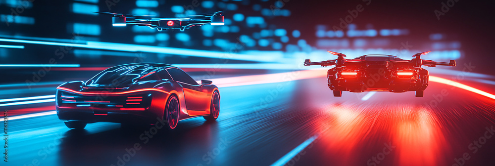 Poster a minimalist car and drone icon flying in sync over a futuristic data highway, representing autonomo