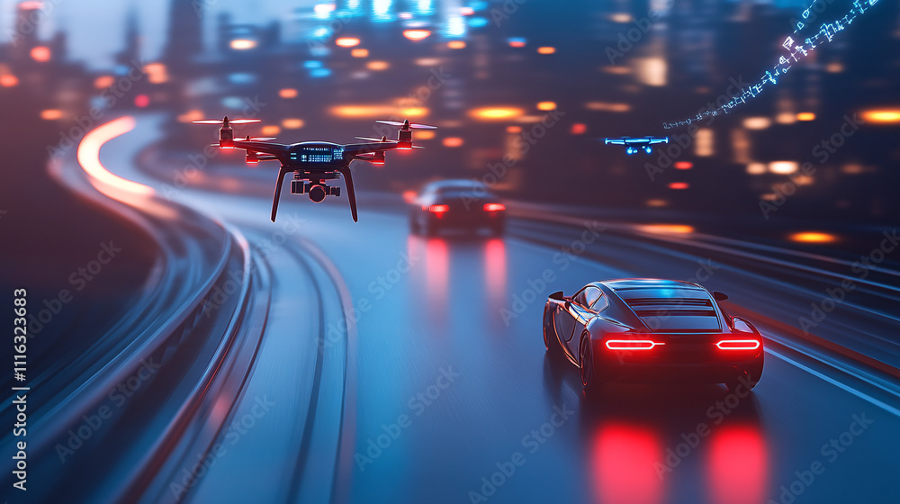Poster a minimalist car and drone icon flying in sync over a futuristic data highway, representing autonomo