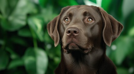 Adorable Chocolate Labrador Retriever Puppy Against Lush Green Foliage