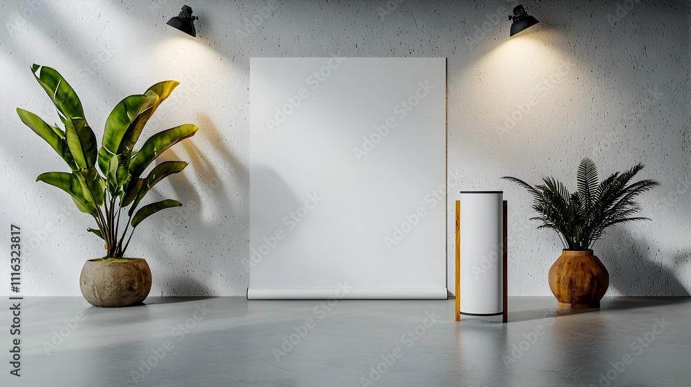 Poster blank roll up display backdrop in a sleek contemporary photography studio setting with minimalist de