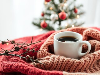 Cozy winter scene with coffee cup, knitted scarf, and Christmas tree twigs in selective focus, selective focus, coffee cup