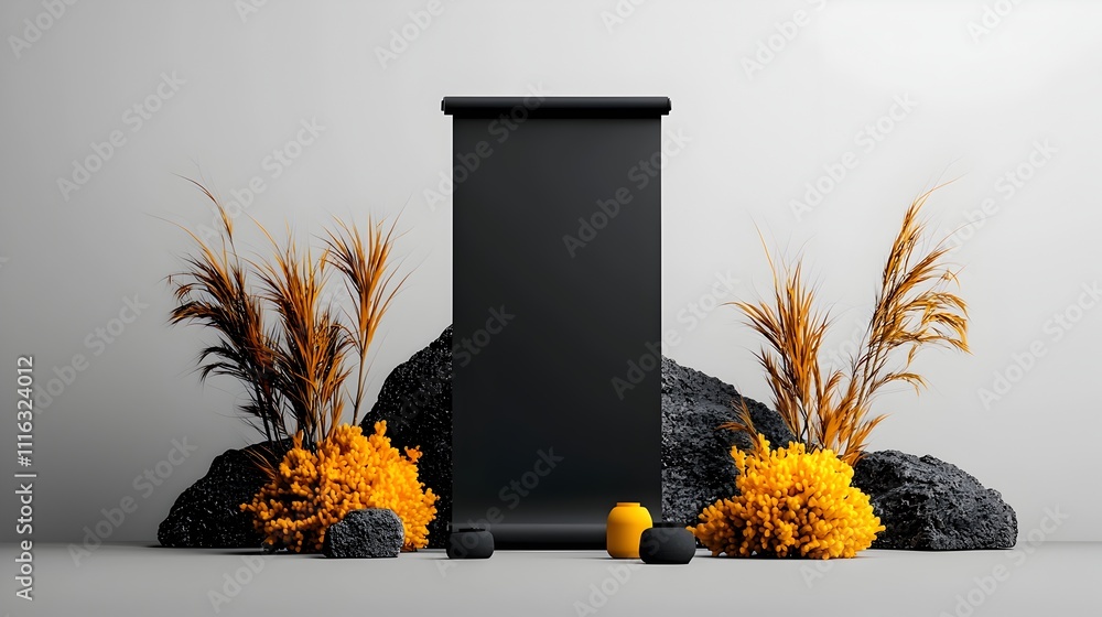 Poster minimalist studio backdrop with an empty roll up banner and soft cinematic lighting creating a sleek