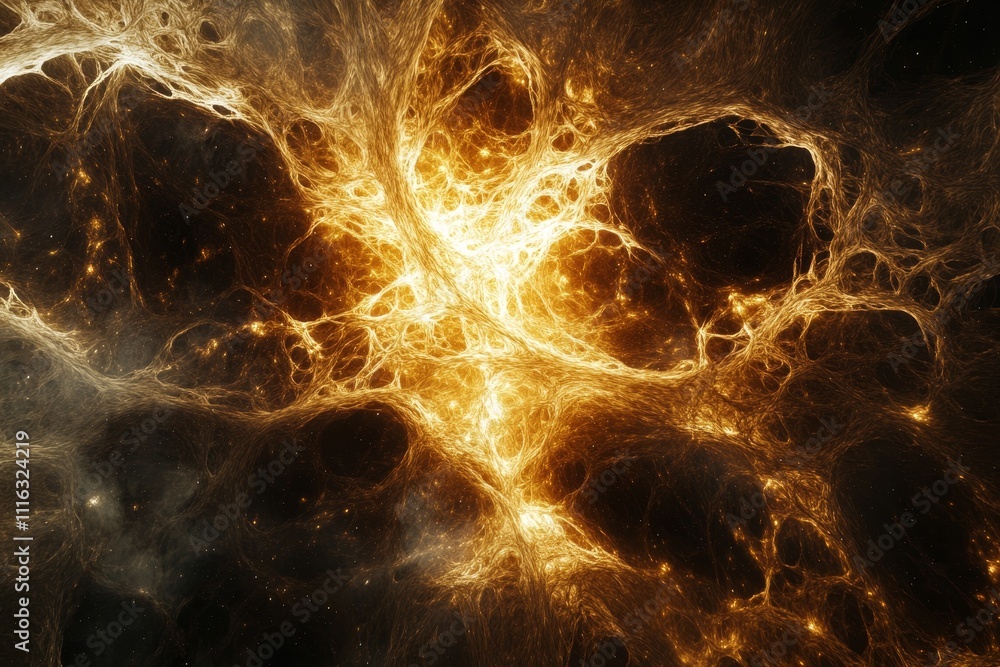 Poster stunning abstract cosmic background with glowing golden threads and intricate patterns evoking the m