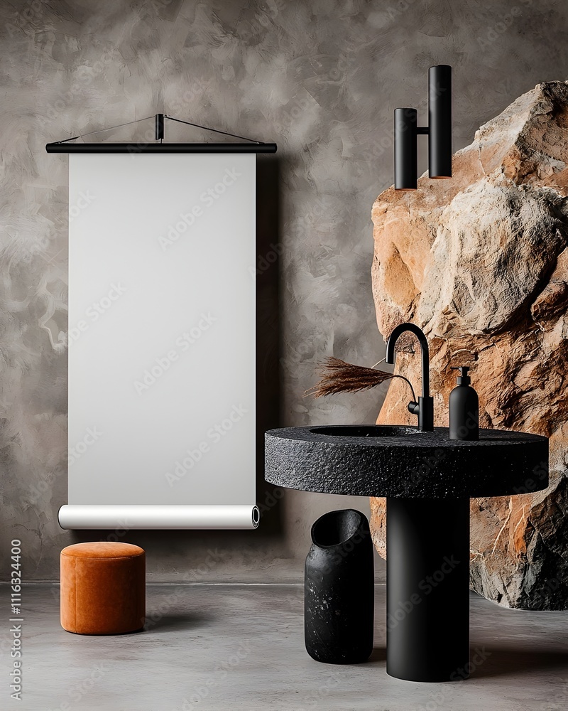 Poster minimalist studio setting with blank roll up banner clean lines negative space and monochromatic col