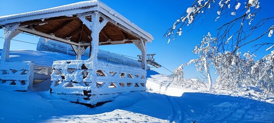 fairytale view of Winter forest landscape with snow covered tree branches and a wooden gazebo...