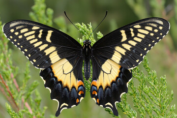 Anise Swallowtail butterfly open wings on green.