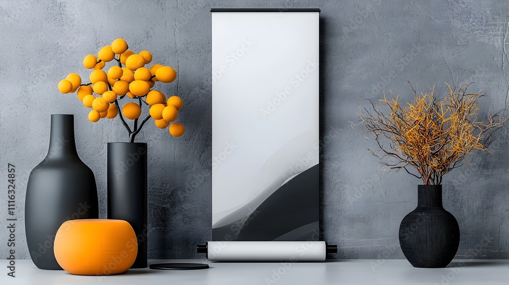 Poster minimalist and sleek typographic roll up banner design with dramatic lighting setup and smooth 3d re