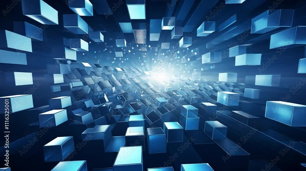Aufkleber Blue Digital Tunnel: Abstract 3D rendering of a futuristic tunnel composed of glowing blue cubes, creating a dynamic and vibrant visual metaphor for technological advancement, data streams.