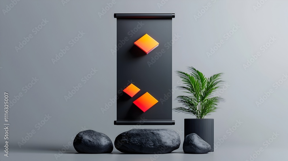 Poster sleek and modern monochrome roll up banner mockup featuring a simple geometric composition in a mini