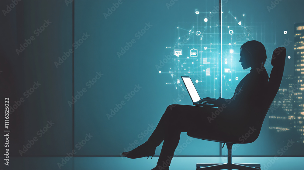 Poster a minimalist character in an office chair, typing on a laptop, with a clean tech interface backgroun