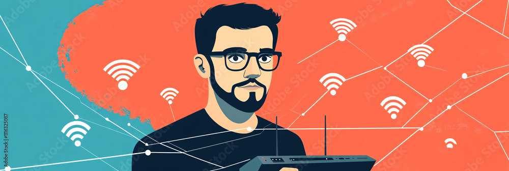 Poster a minimalist design of a man wearing glasses, adjusting a router, surrounded by network lines and fl