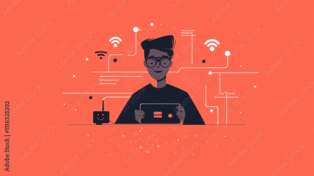 Poster a minimalist design of a man wearing glasses, adjusting a router, surrounded by network lines and fl