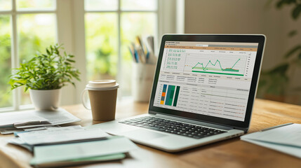Laptop with financial dashboard on home office desk
