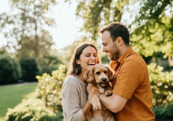 Couple enjoying a sunny day at the park, sharing laughter and affection with their furry friend