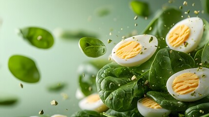 Fresh spinach leaves and hard-boiled egg slices flying in mid-air with a pastel pistachio background